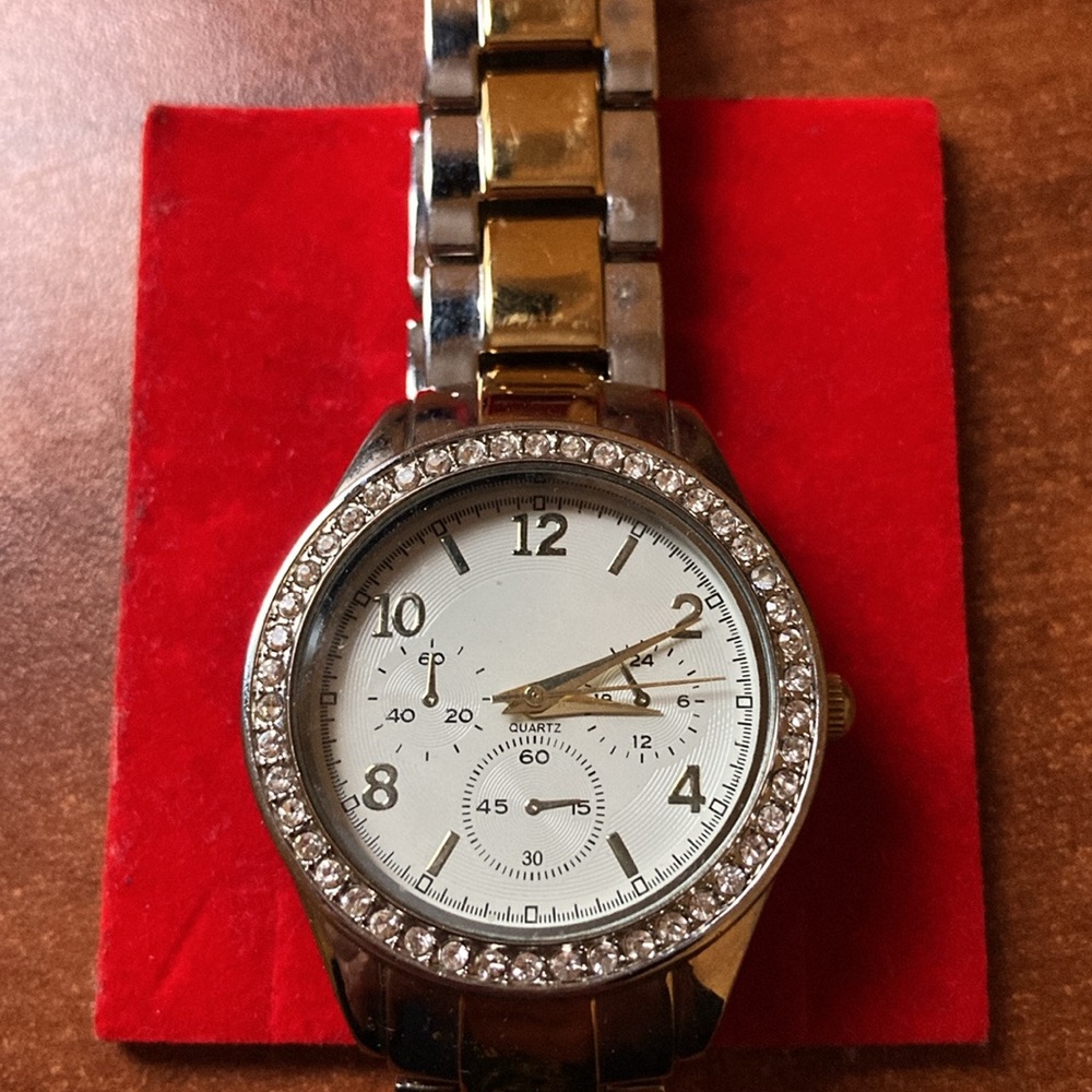 Gold and Silver Quartz Watch with Crystal Accents